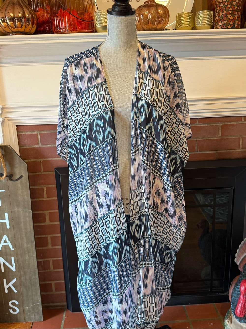 Lane Bryant Printed Kimono Cardigan in Black, Blue, Cream